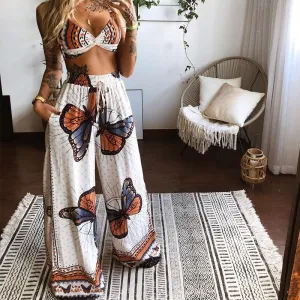 2 Pcs Suit Summer Tracksuit Sets Womens Outfits Boho Beach Style Print