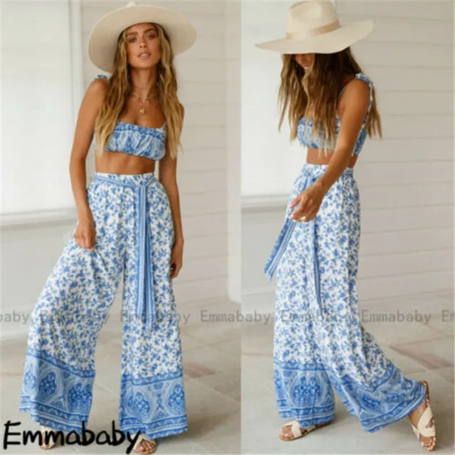 2 Pcs Suit Summer Tracksuit Sets Womens Outfits Boho Beach Style Print