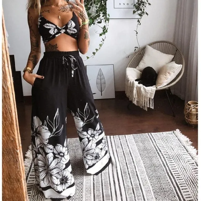 2 Pcs Suit Summer Tracksuit Sets Womens Outfits Boho Beach Style Print