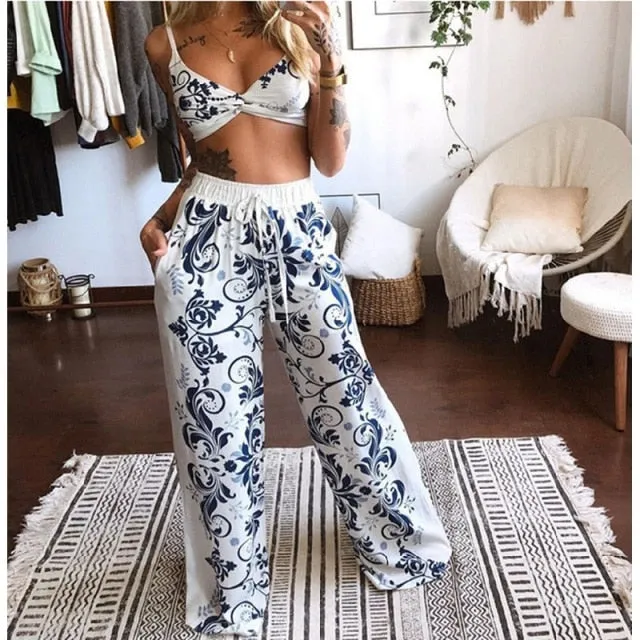 2 Pcs Suit Summer Tracksuit Sets Womens Outfits Boho Beach Style Print