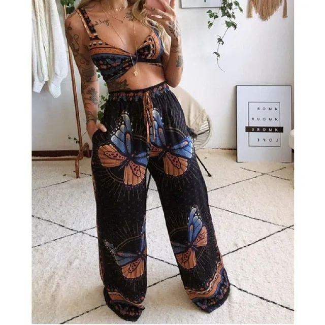 2 Pcs Suit Summer Tracksuit Sets Womens Outfits Boho Beach Style Print