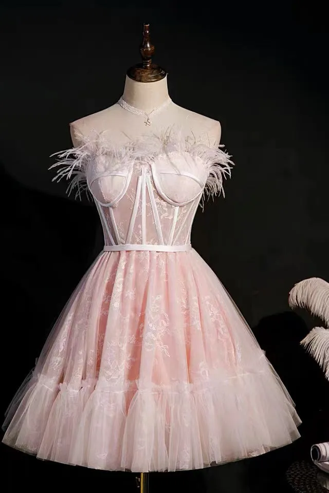 A-Line Pink Sweetheart Tulle Short Prom Dress Homecoming Dress With Feather UQH0079