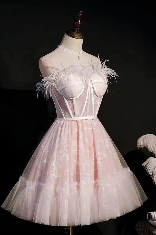 A-Line Pink Sweetheart Tulle Short Prom Dress Homecoming Dress With Feather UQH0079