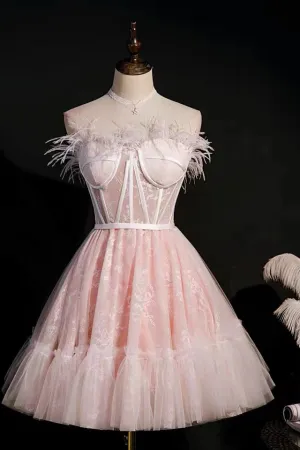A-Line Pink Sweetheart Tulle Short Prom Dress Homecoming Dress With Feather UQH0079