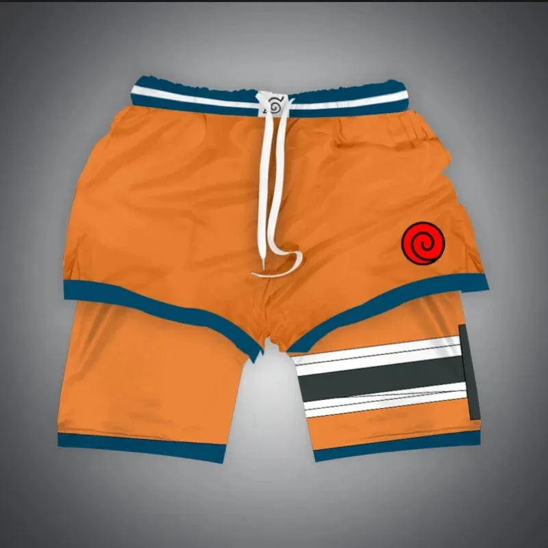 Anime NARUTO Dragon Ball One Piece Gym Shorts Man Double Layer 2-In-1 Quick-Drying Sweat-Absorbent Jogging Performance Shorts