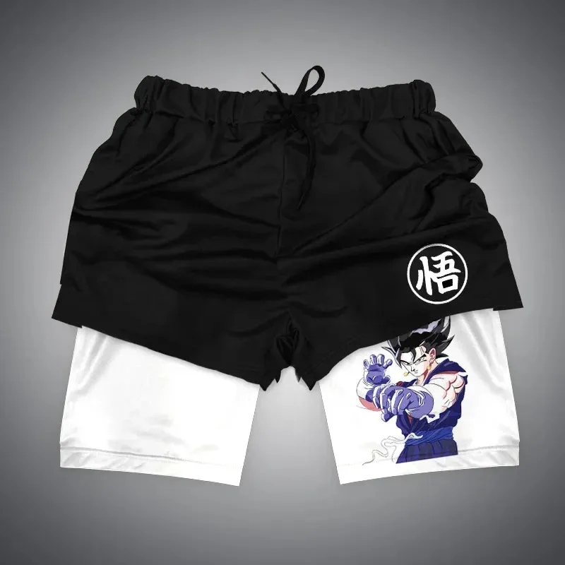 Anime NARUTO Dragon Ball One Piece Gym Shorts Man Double Layer 2-In-1 Quick-Drying Sweat-Absorbent Jogging Performance Shorts