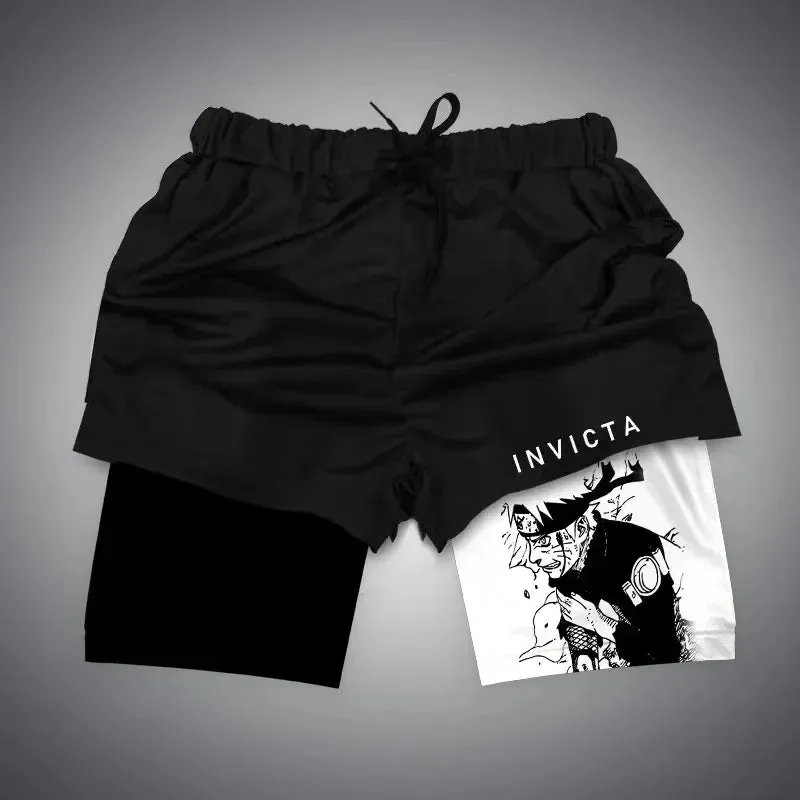 Anime NARUTO Dragon Ball One Piece Gym Shorts Man Double Layer 2-In-1 Quick-Drying Sweat-Absorbent Jogging Performance Shorts