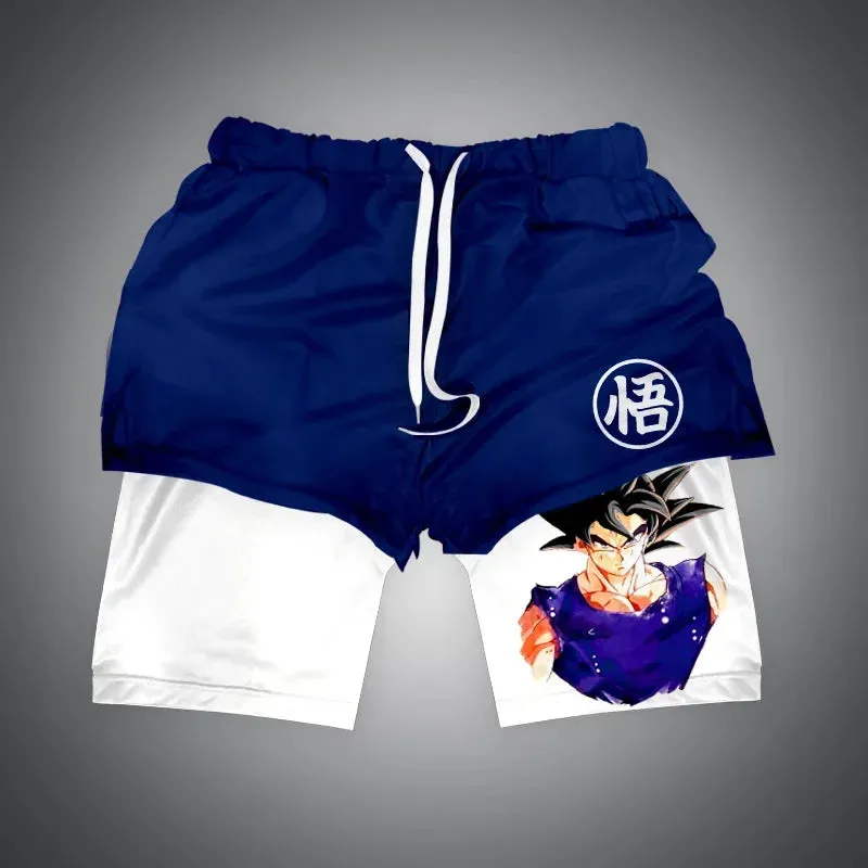 Anime NARUTO Dragon Ball One Piece Gym Shorts Man Double Layer 2-In-1 Quick-Drying Sweat-Absorbent Jogging Performance Shorts