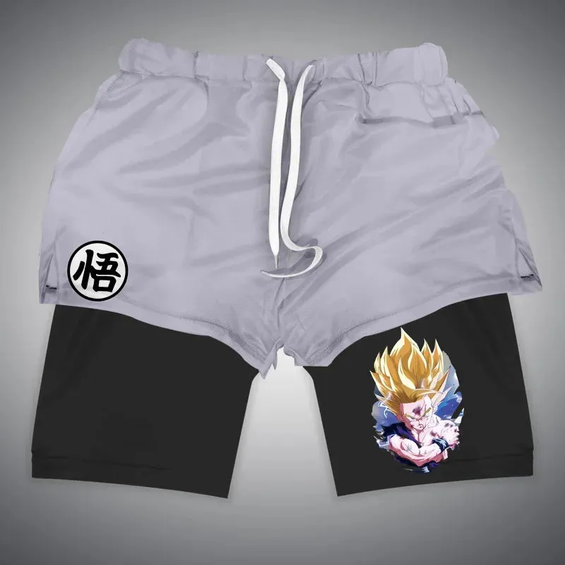 Anime NARUTO Dragon Ball One Piece Gym Shorts Man Double Layer 2-In-1 Quick-Drying Sweat-Absorbent Jogging Performance Shorts