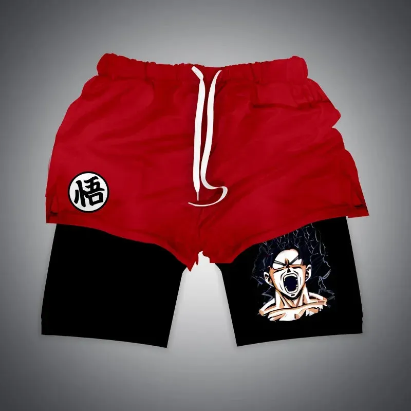 Anime NARUTO Dragon Ball One Piece Gym Shorts Man Double Layer 2-In-1 Quick-Drying Sweat-Absorbent Jogging Performance Shorts