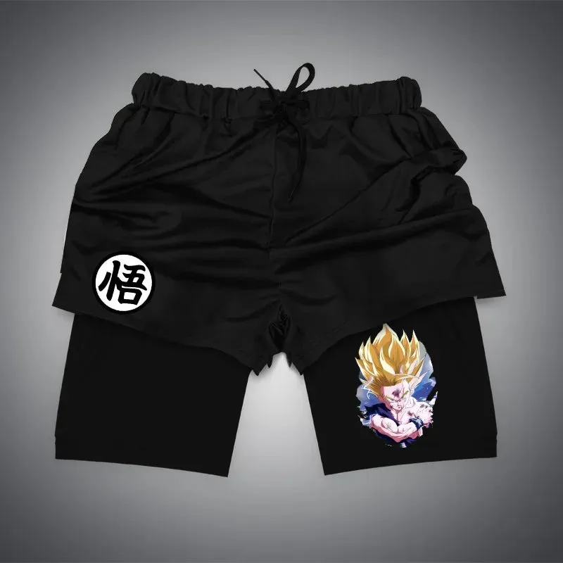Anime NARUTO Dragon Ball One Piece Gym Shorts Man Double Layer 2-In-1 Quick-Drying Sweat-Absorbent Jogging Performance Shorts