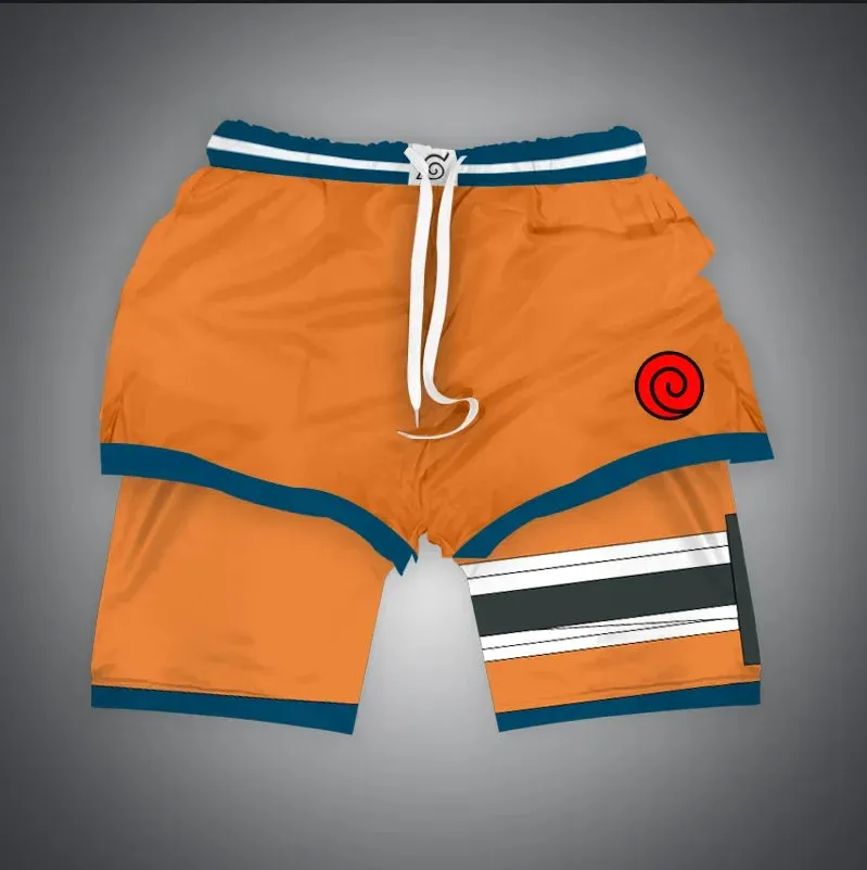 Anime NARUTO Dragon Ball One Piece Gym Shorts Man Double Layer 2-In-1 Quick-Drying Sweat-Absorbent Jogging Performance Shorts