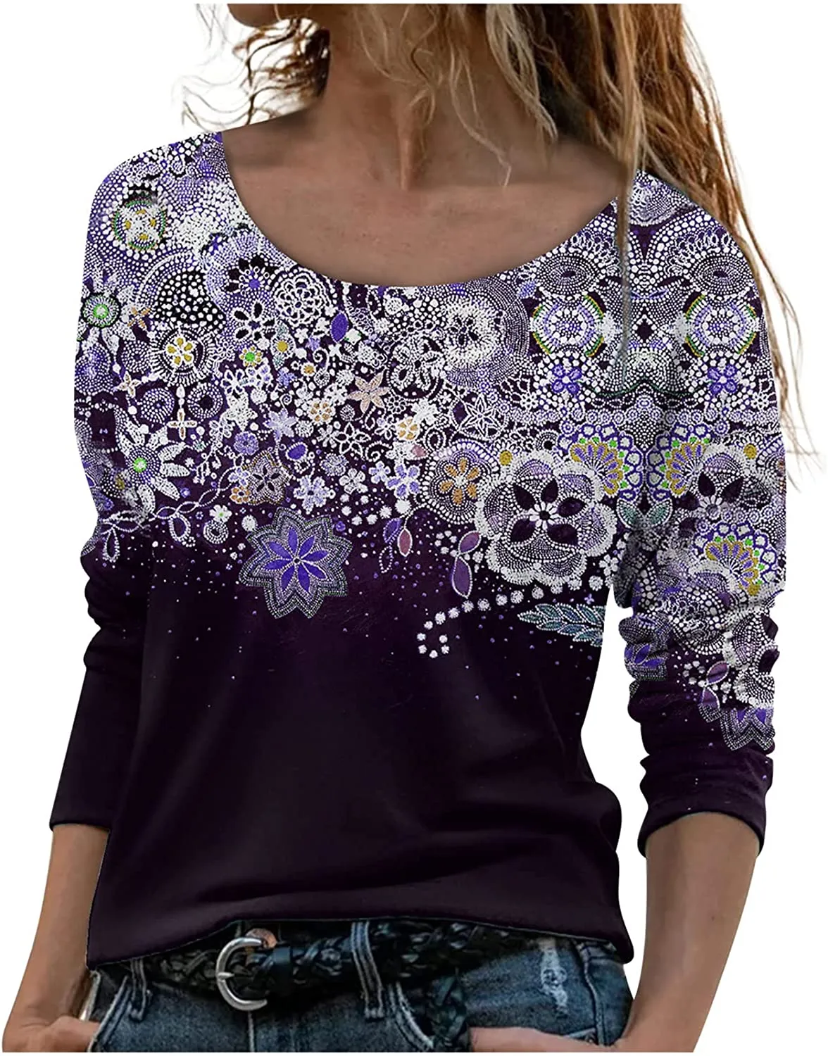 Annabella Creations Womens Cute Floral Print Long Sleeve T Shirts Casual