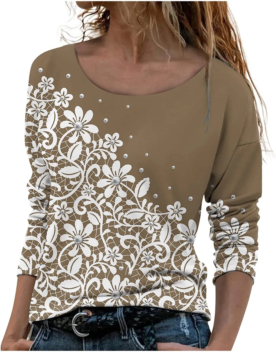 Annabella Creations Womens Cute Floral Print Long Sleeve T Shirts Casual