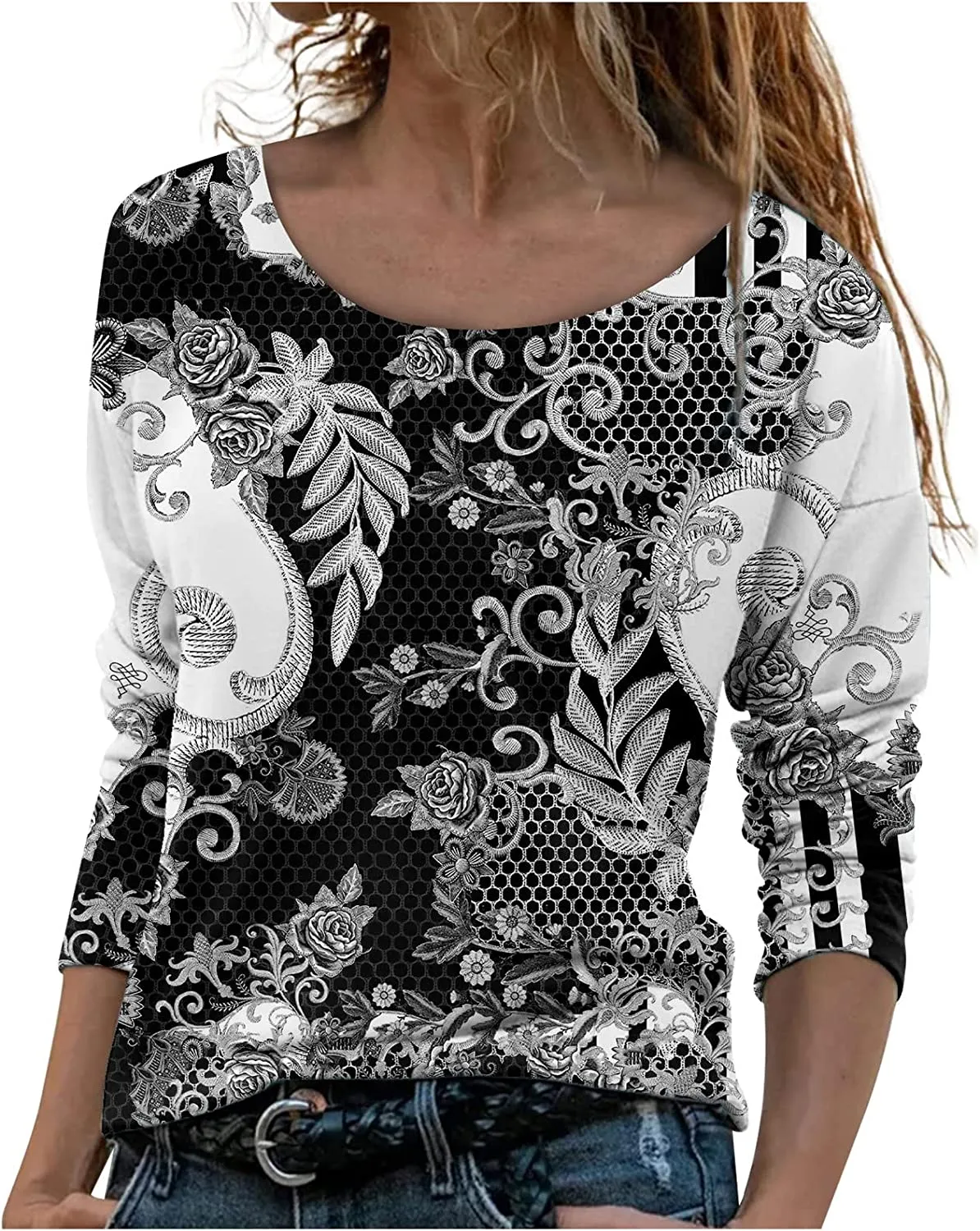 Annabella Creations Womens Cute Floral Print Long Sleeve T Shirts Casual