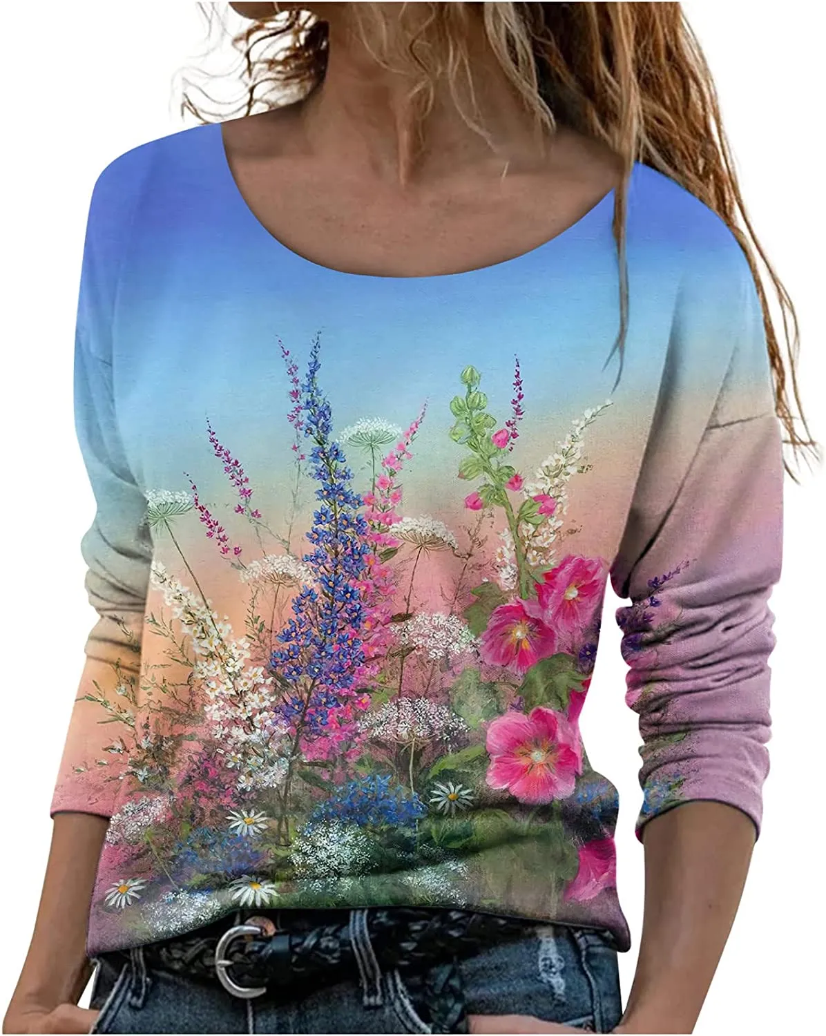 Annabella Creations Womens Cute Floral Print Long Sleeve T Shirts Casual