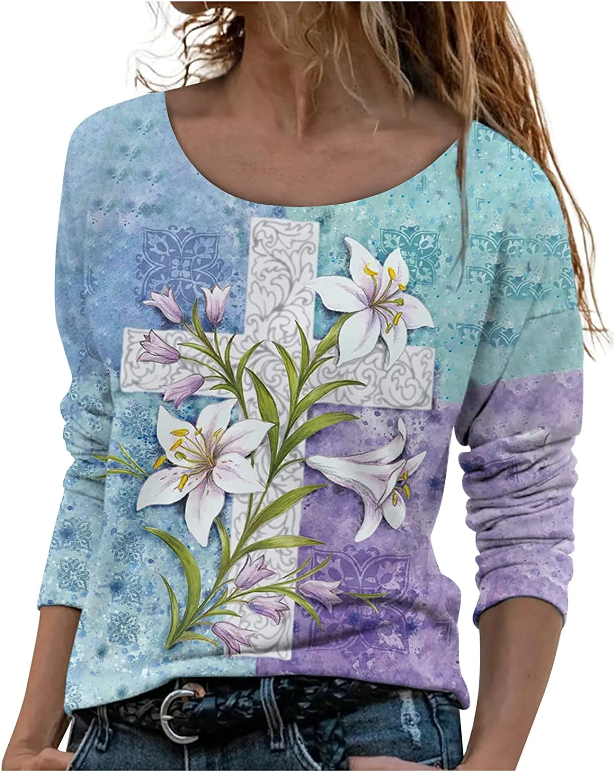 Annabella Creations Womens Cute Floral Print Long Sleeve T Shirts Casual