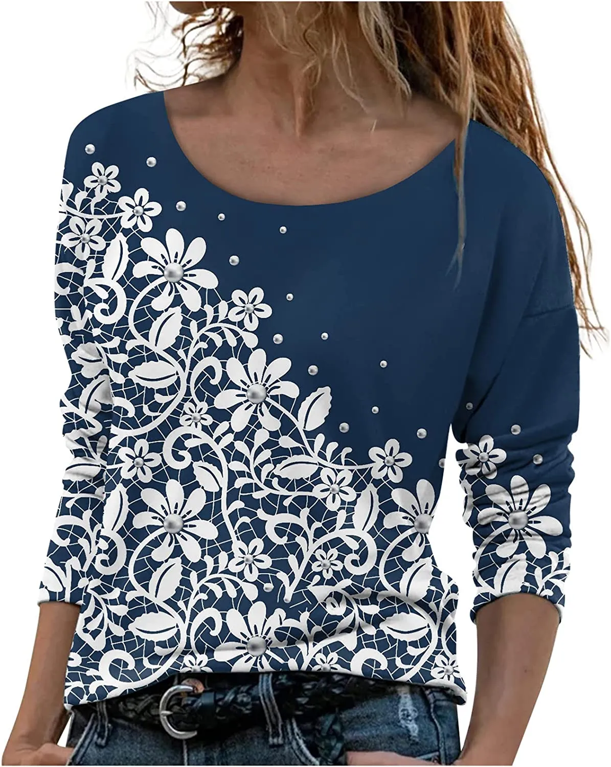 Annabella Creations Womens Cute Floral Print Long Sleeve T Shirts Casual