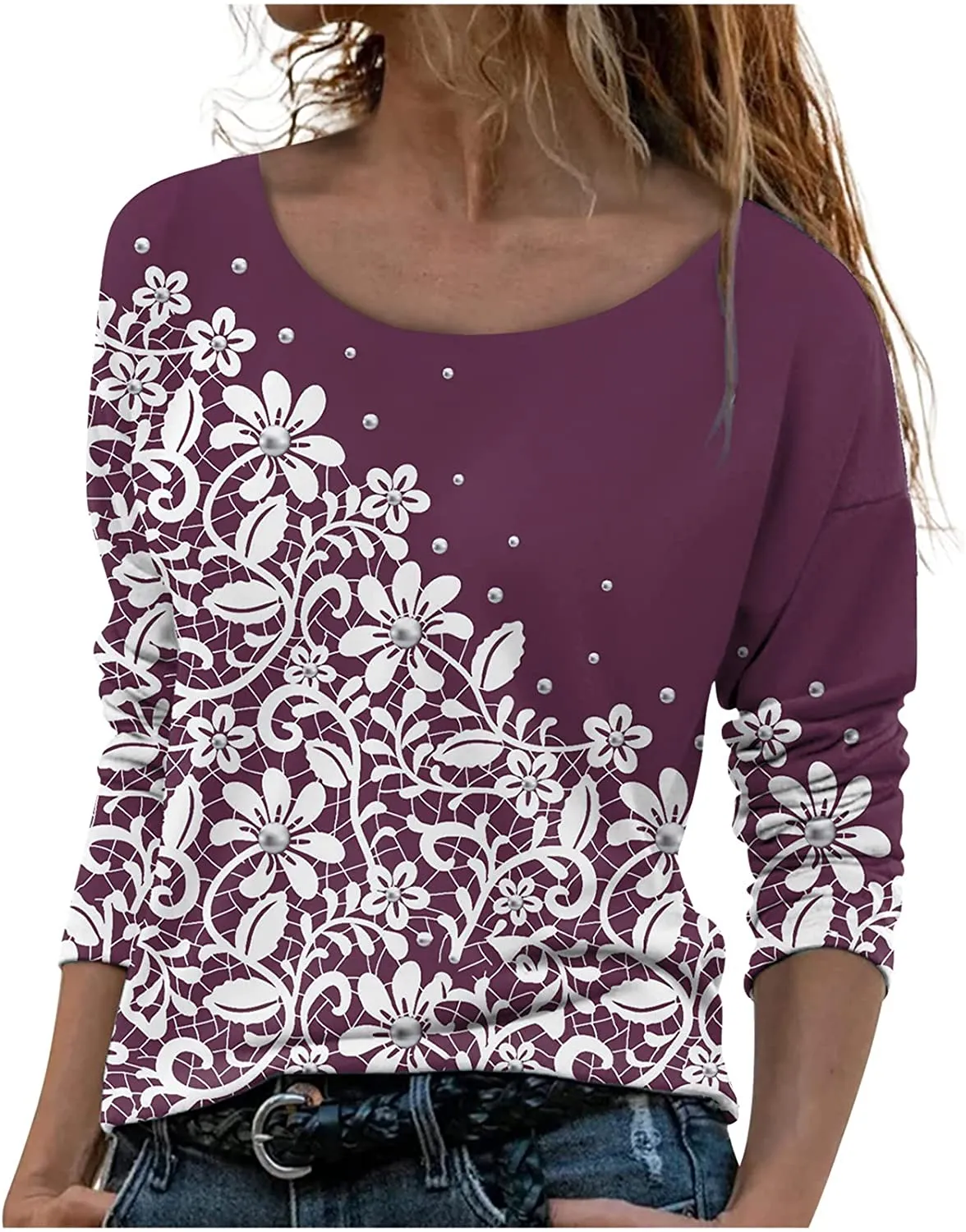 Annabella Creations Womens Cute Floral Print Long Sleeve T Shirts Casual