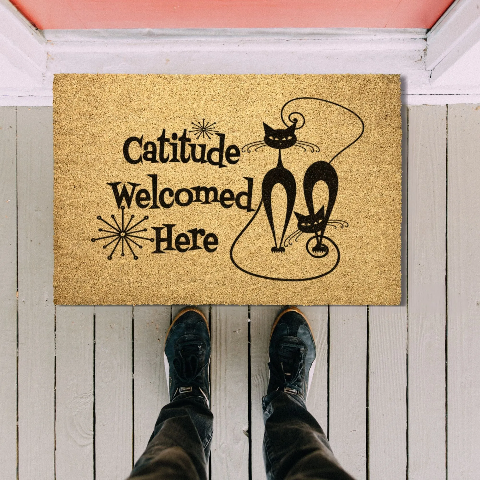 Atomic Cat "Catitude Welcome Here" Doormat, Midcentury Modern Kitty, Retro Funny Entrance Mat - KM13629723