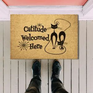 Atomic Cat "Catitude Welcome Here" Doormat, Midcentury Modern Kitty, Retro Funny Entrance Mat - KM13629723