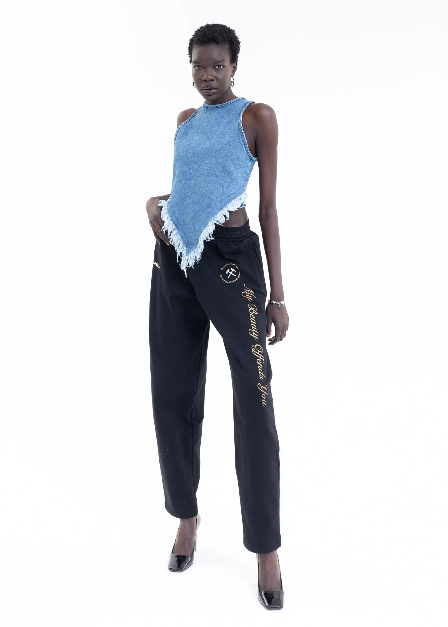 BLACK W YELLOW PRINT JOGGING PANTS