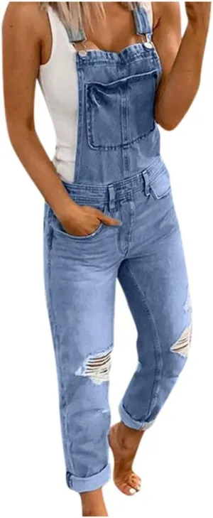 Casual Stretch Jeans Jumpsuit Denim Ripped Distressed Skinny Denim Bib Overalls Rompers