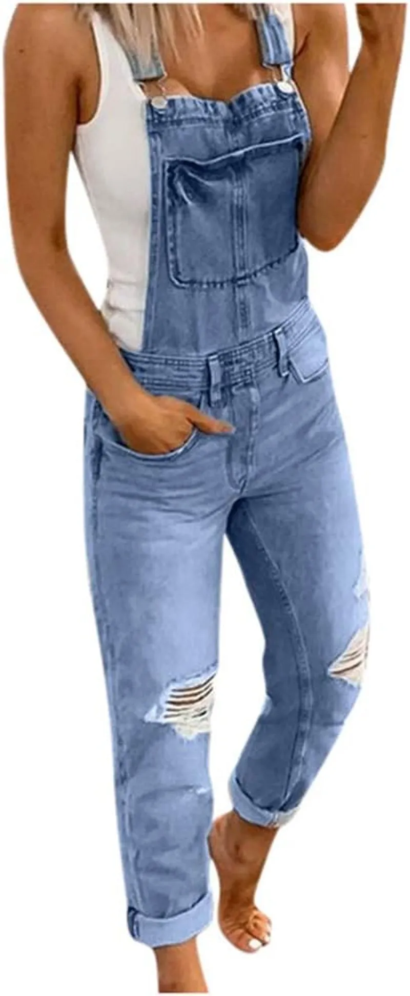 Casual Stretch Jeans Jumpsuit Denim Ripped Distressed Skinny Denim Bib Overalls Rompers