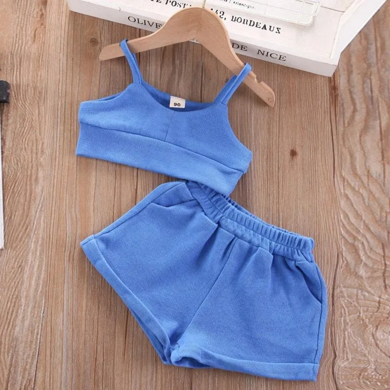 Chic Blue Ribbon Top and Suspender Shorts Set for Fashionable Young Girls