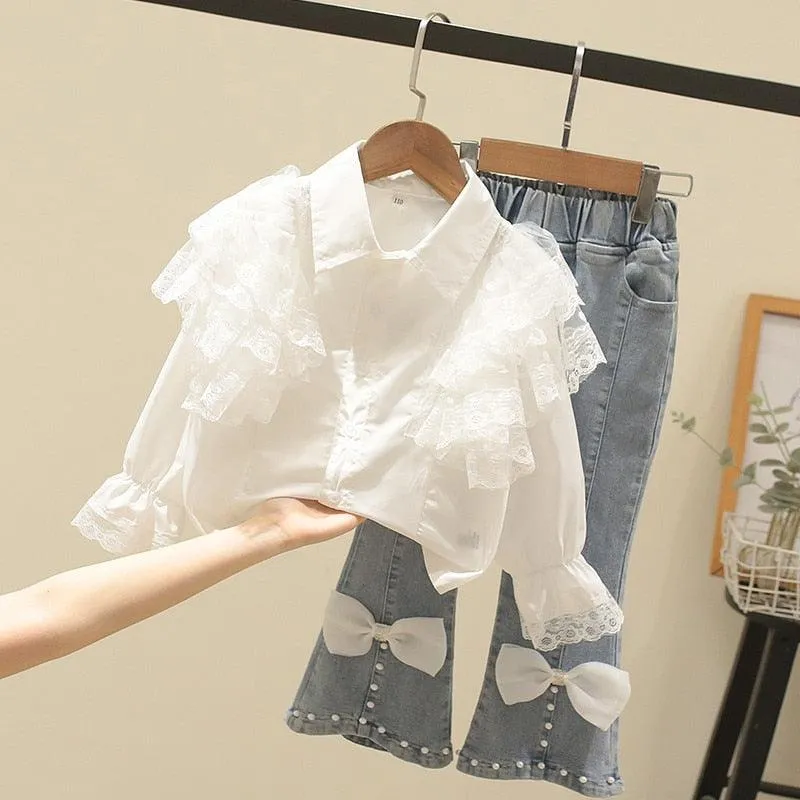 Chic Blue Ribbon Top and Suspender Shorts Set for Fashionable Young Girls