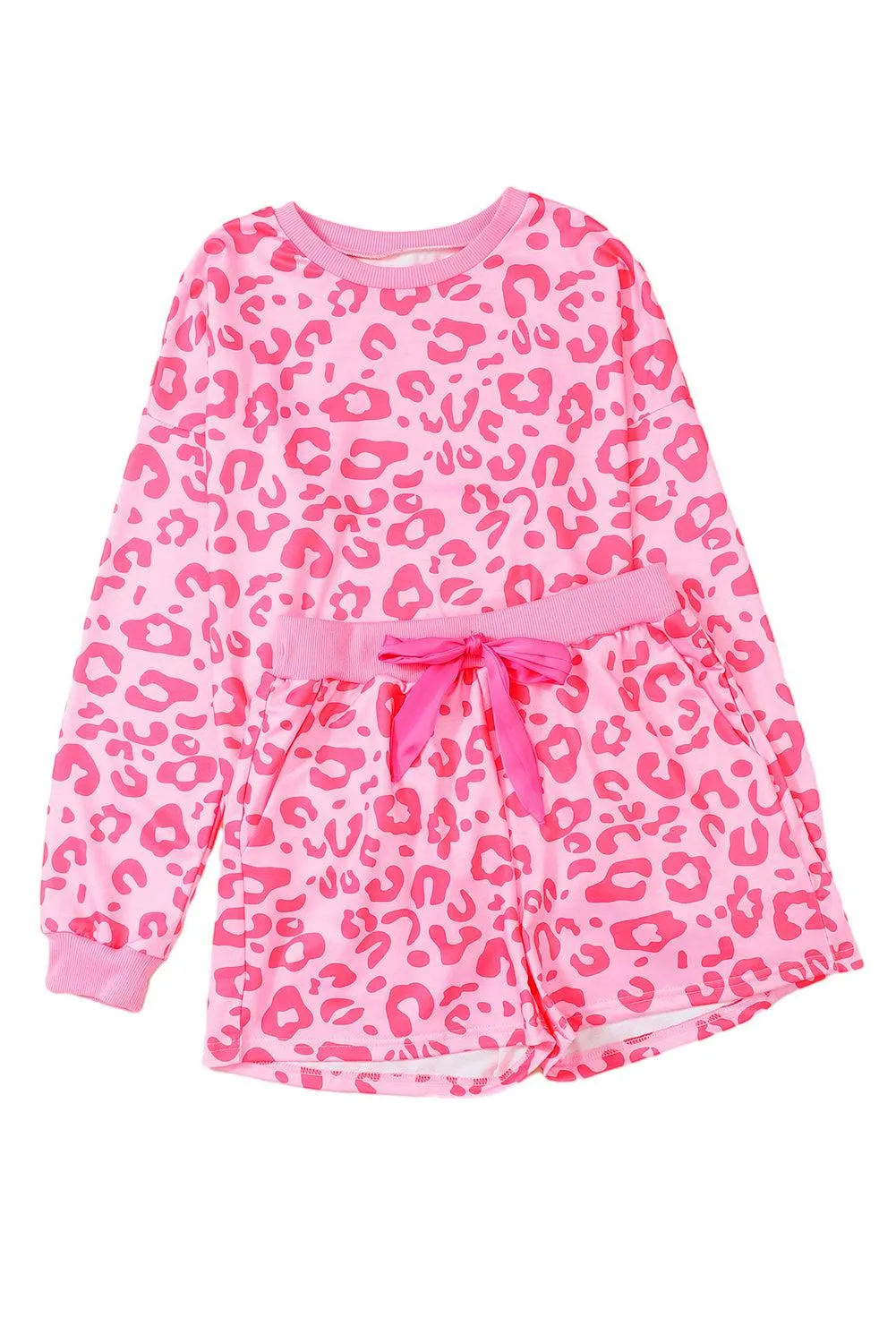 Chic Satin Pink Leopard Print Pajama Set with Bow and Shorts for Ultimate Comfort