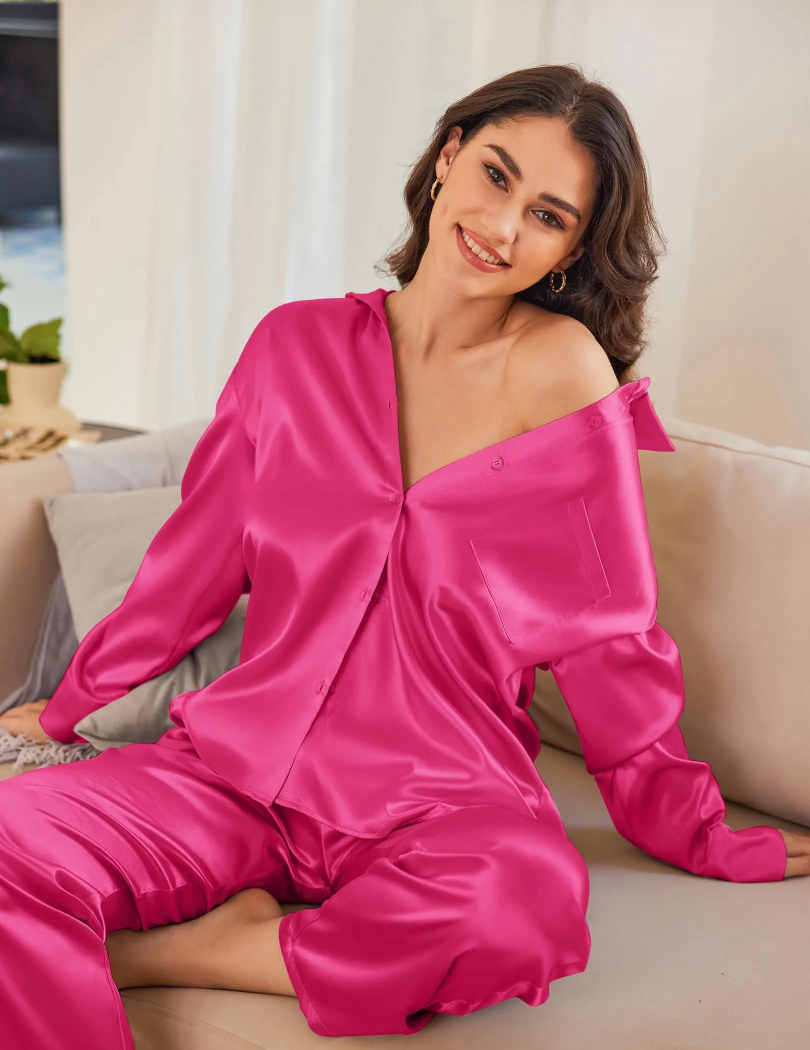 Ekouaer Womens 2 Piece Silk Satin Pajama Set Long Sleeve Lounge Sets Button Down Shirts and Pants PJs Soft Sleepwear Sets Rose Red S