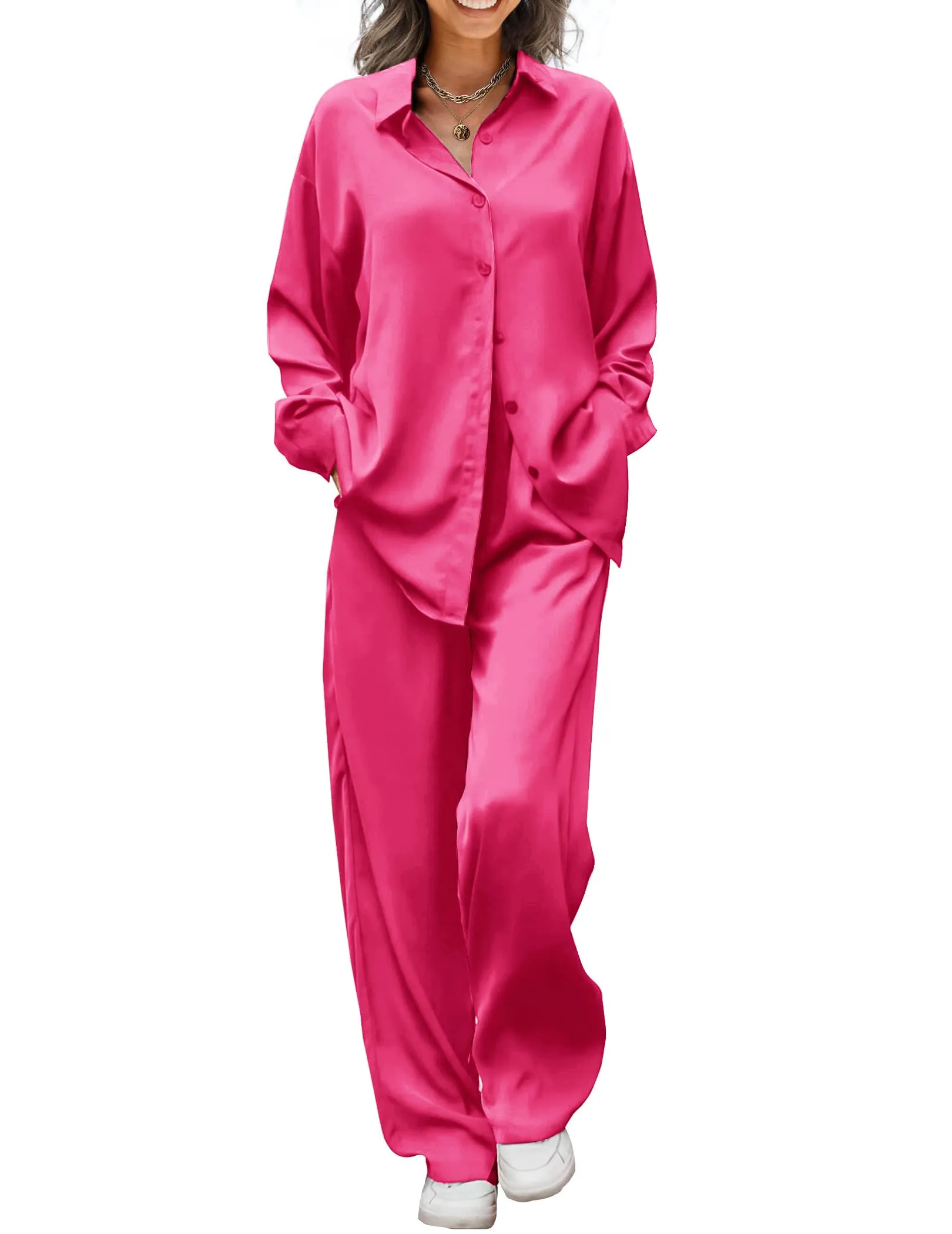 Ekouaer Womens 2 Piece Silk Satin Pajama Set Long Sleeve Lounge Sets Button Down Shirts and Pants PJs Soft Sleepwear Sets Rose Red S