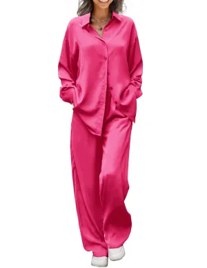 Ekouaer Womens 2 Piece Silk Satin Pajama Set Long Sleeve Lounge Sets Button Down Shirts and Pants PJs Soft Sleepwear Sets Rose Red S