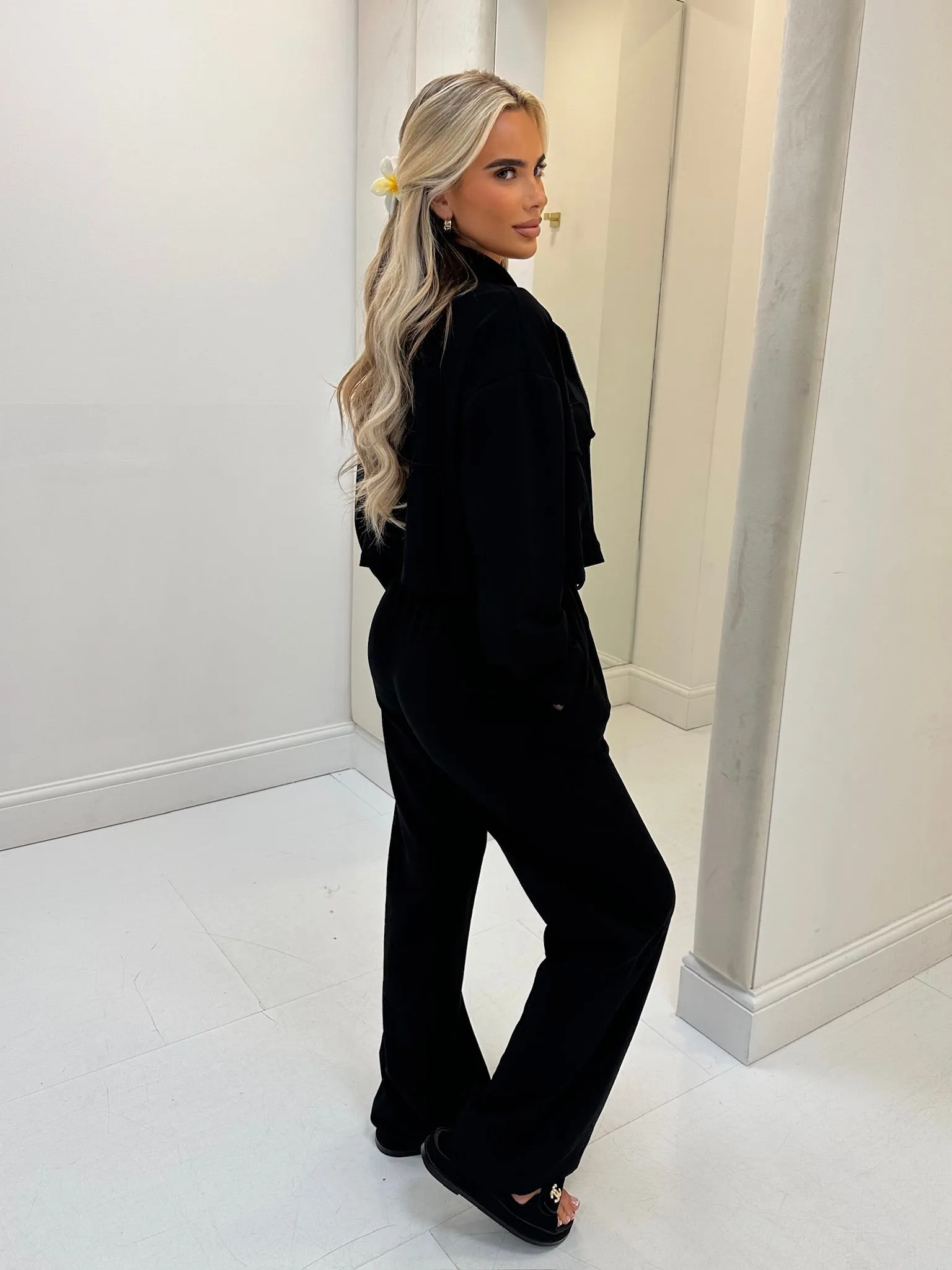 Evie black zip up wide leg trouser set
