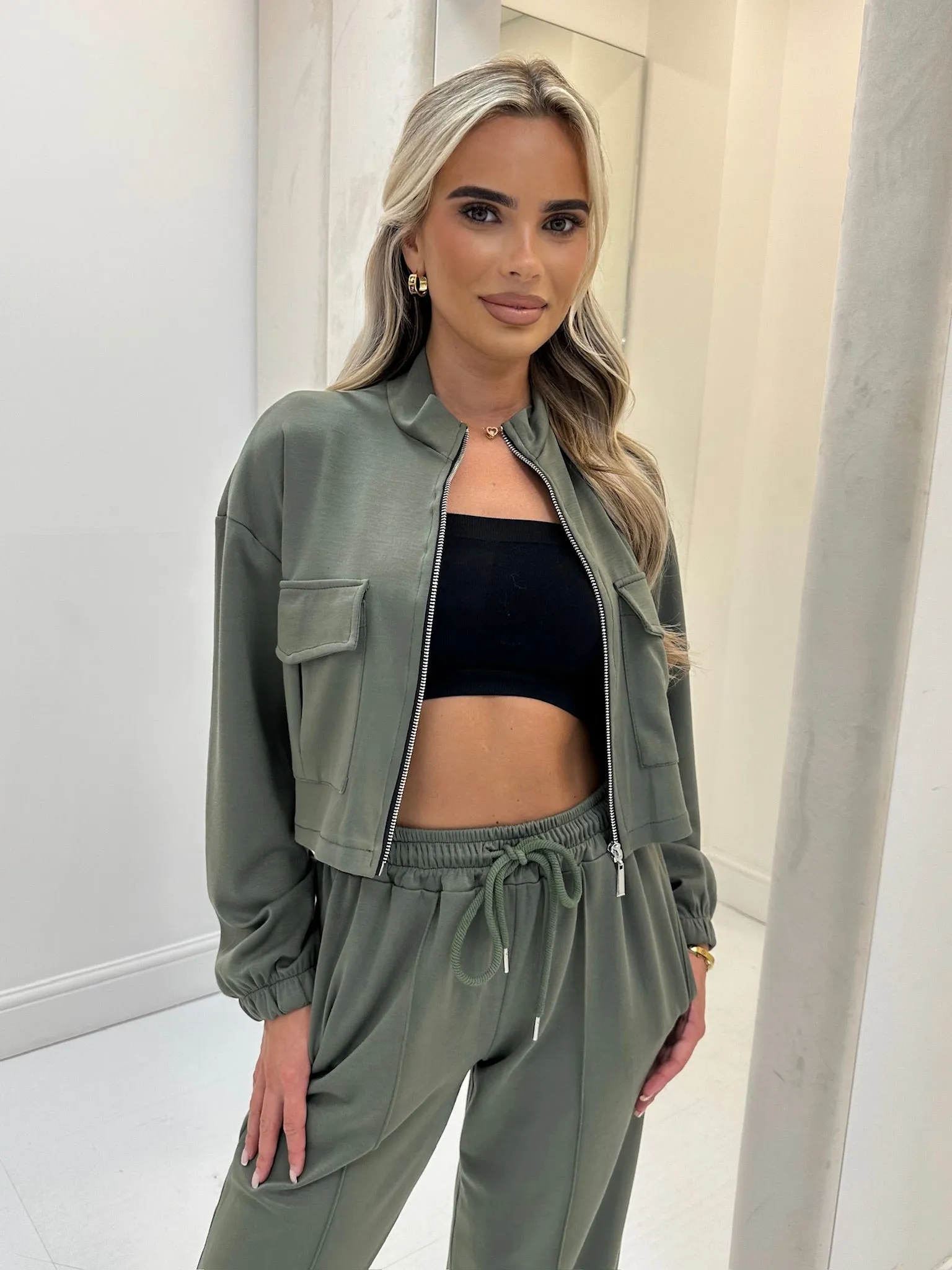 Evie khaki zip up wide leg trouser set