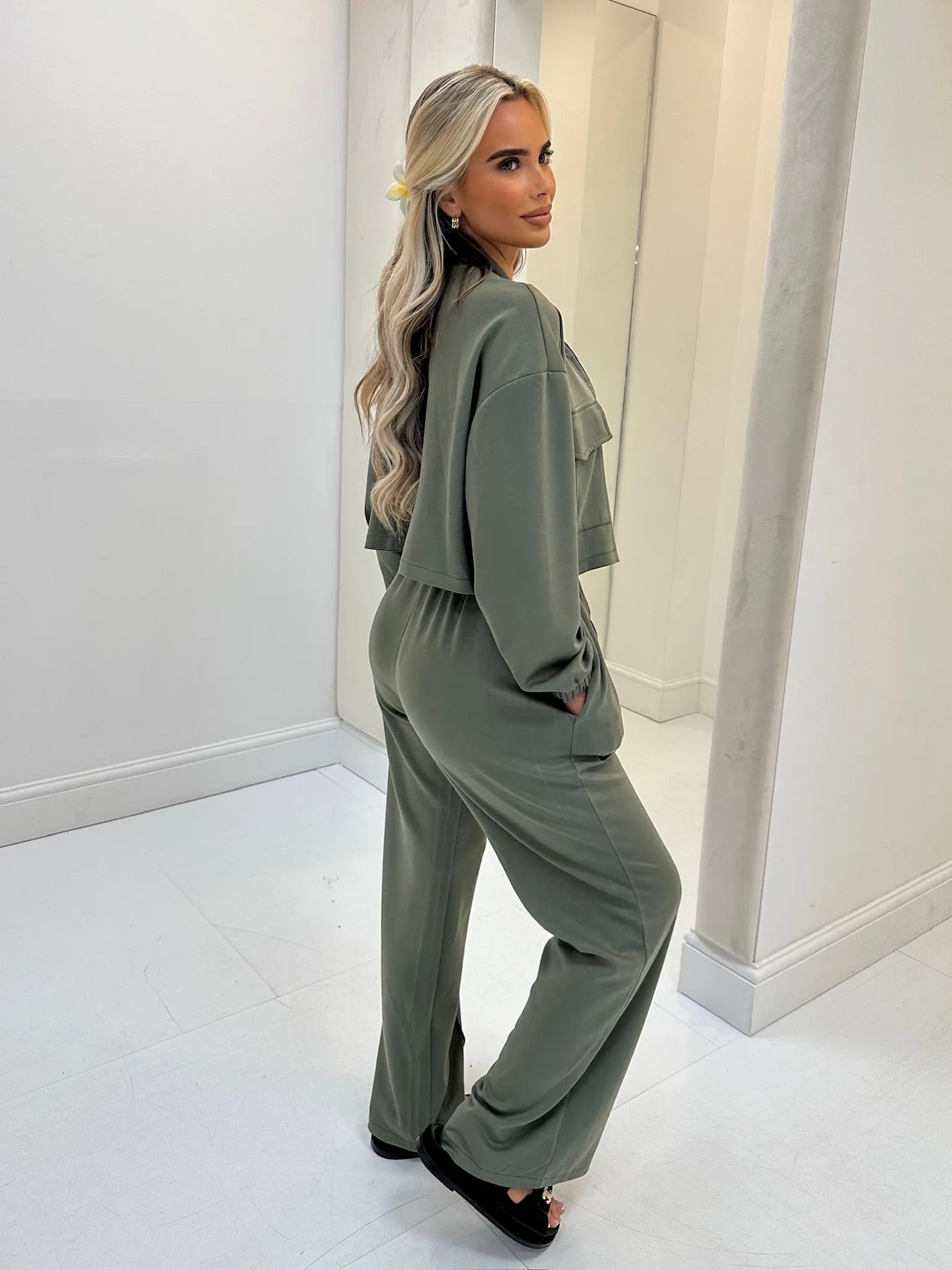 Evie khaki zip up wide leg trouser set