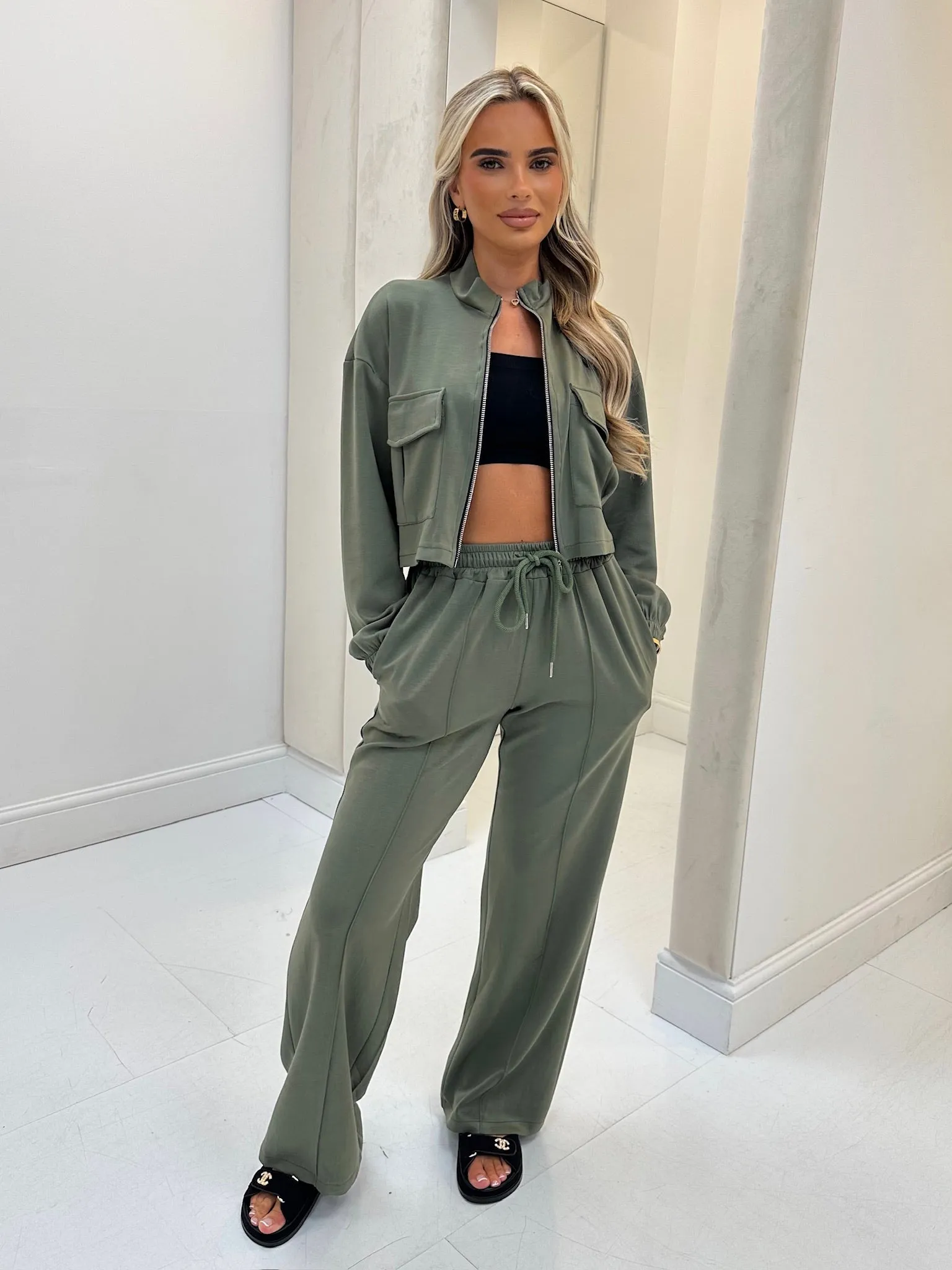 Evie khaki zip up wide leg trouser set
