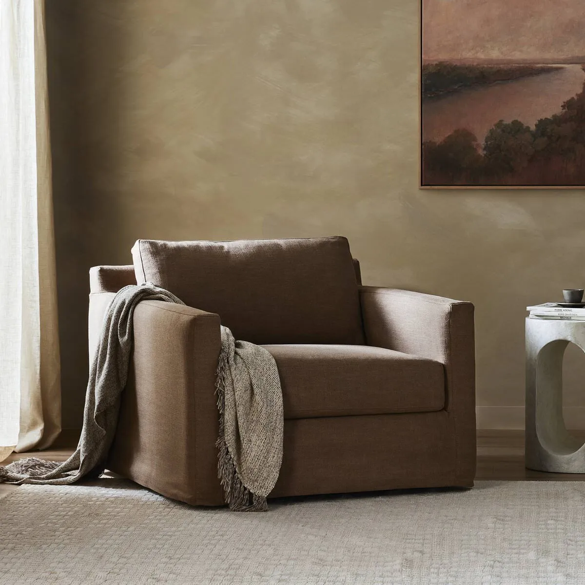 Four Hands Hampton Slipcover Swivel Chair in Antwerp Cafe