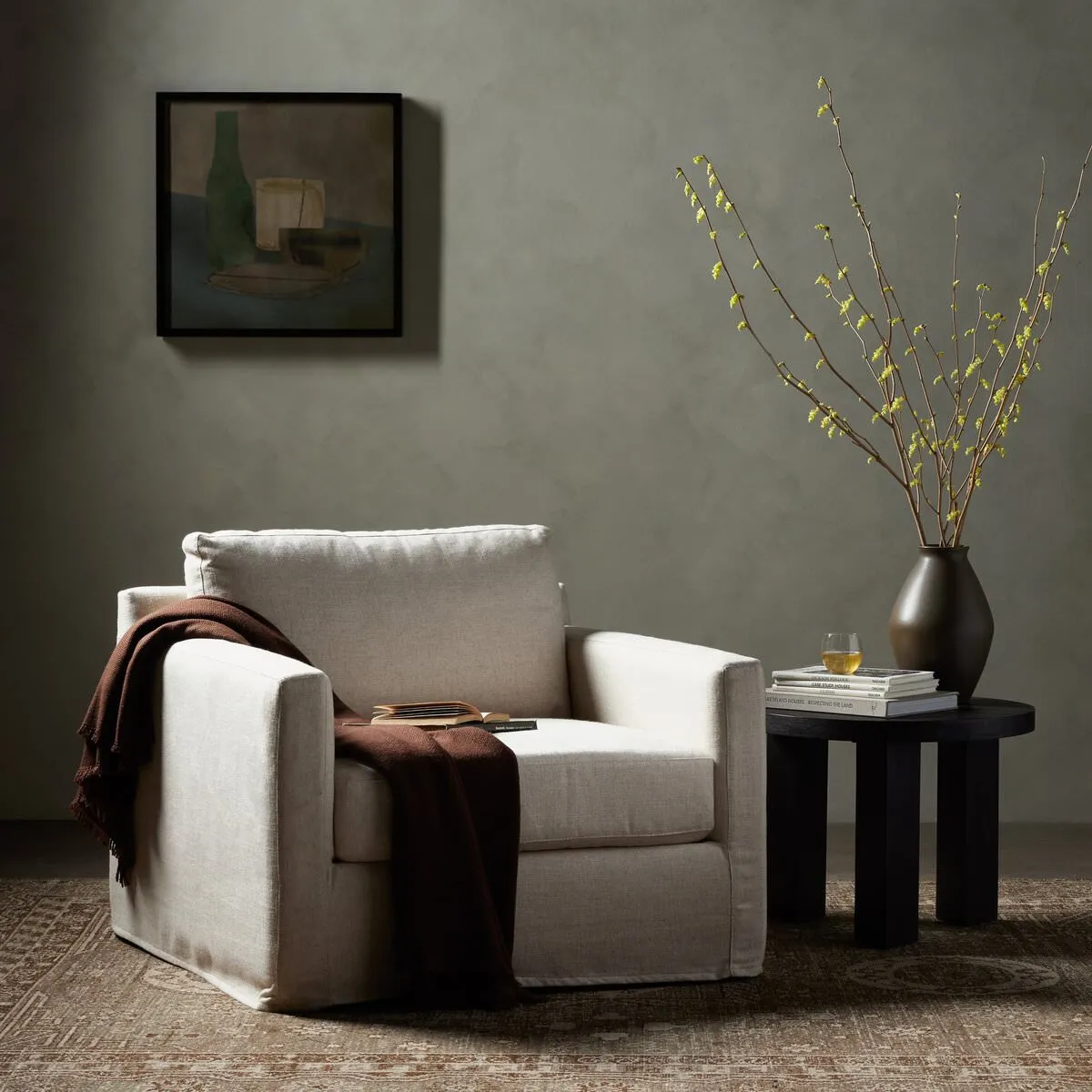 Four Hands Hampton Slipcovered Swivel Chair in Evere Creme