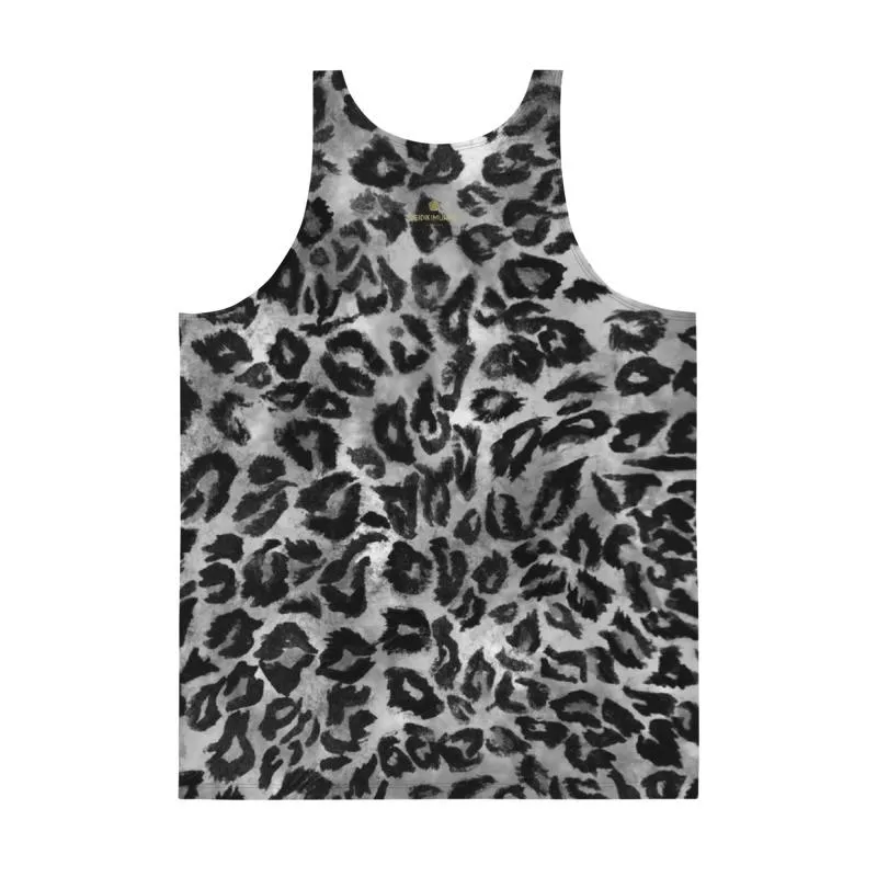 Gray Leopard Men's Tank Top, Animal Print Mens Womens Unisex Workout Top- Made in USA