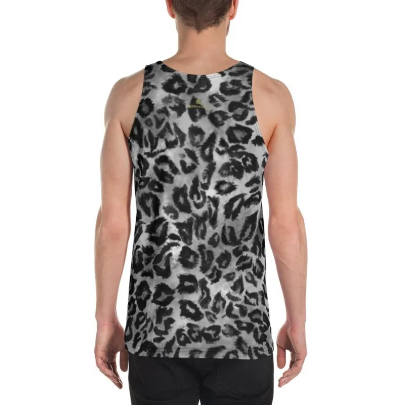 Gray Leopard Men's Tank Top, Animal Print Mens Womens Unisex Workout Top- Made in USA