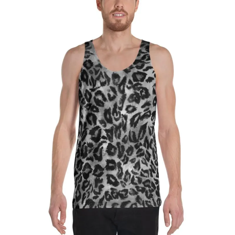 Gray Leopard Men's Tank Top, Animal Print Mens Womens Unisex Workout Top- Made in USA