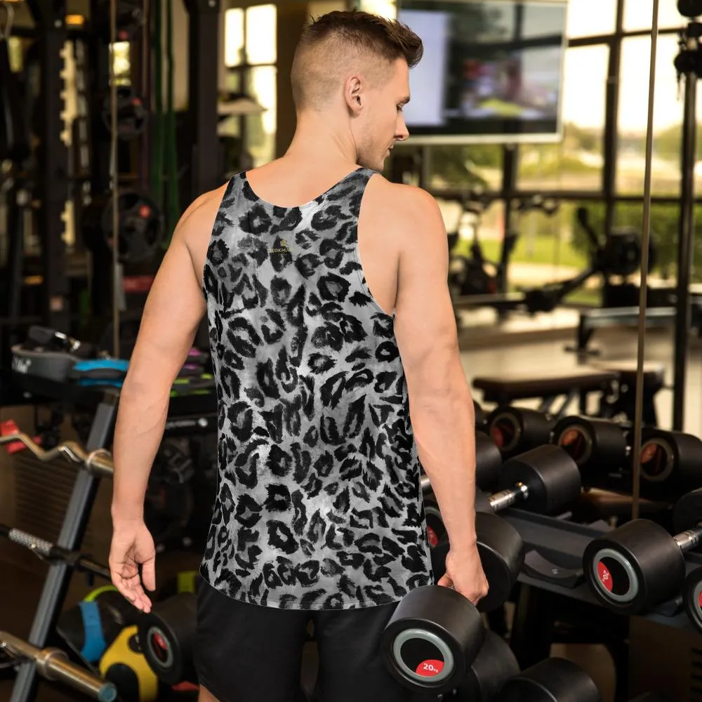 Gray Leopard Men's Tank Top, Animal Print Mens Womens Unisex Workout Top- Made in USA