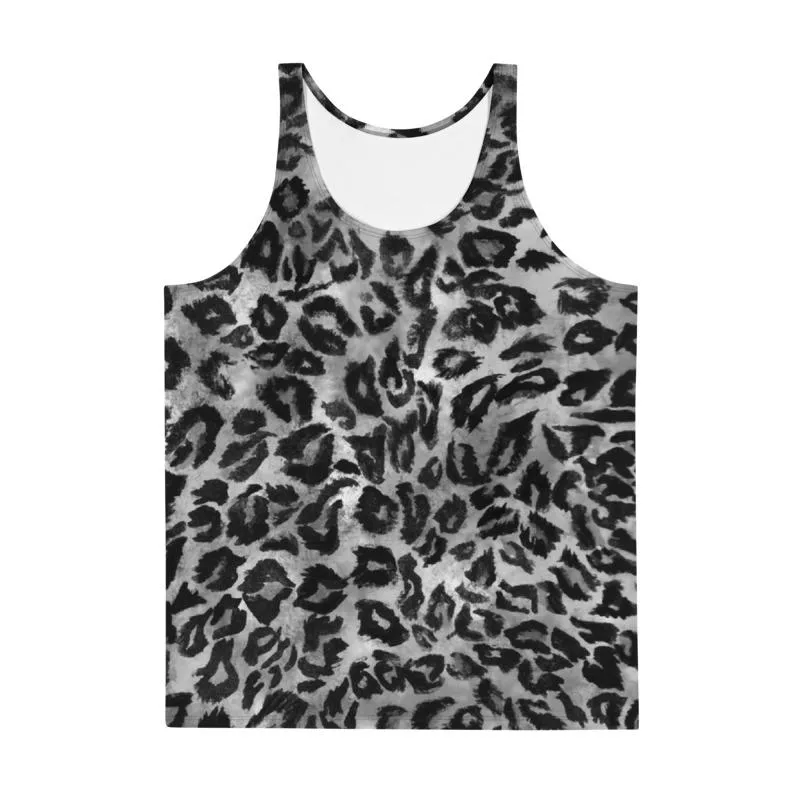 Gray Leopard Men's Tank Top, Animal Print Mens Womens Unisex Workout Top- Made in USA