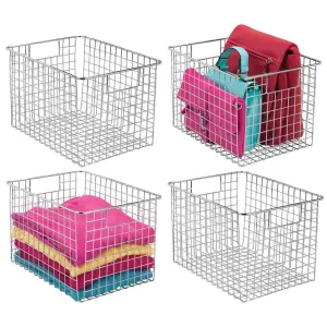 mDesign Large Farmhouse Decorative Metal Wire Storage Basket Bin with Handles for Organizing Closets, Shelves and Cabinets in Bedrooms, Bathrooms, Entryways and Hallways - 8" High, 4 Pack - Chrome