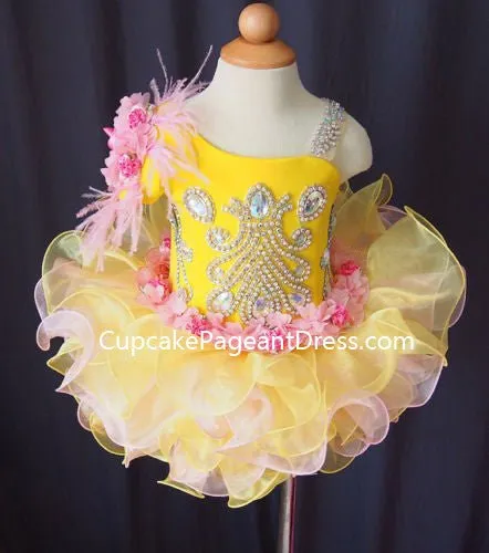 One Shoulder Bling Bling Feather Infant/Baby/Newborn/Little Girls Cupcake Pageant Dress