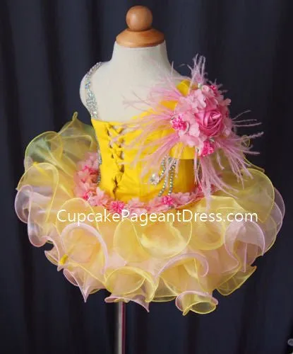 One Shoulder Bling Bling Feather Infant/Baby/Newborn/Little Girls Cupcake Pageant Dress