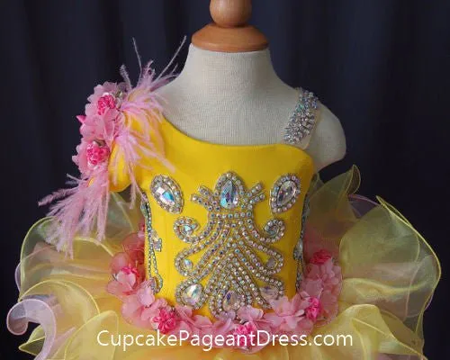 One Shoulder Bling Bling Feather Infant/Baby/Newborn/Little Girls Cupcake Pageant Dress