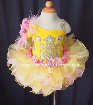One Shoulder Bling Bling Feather Infant/Baby/Newborn/Little Girls Cupcake Pageant Dress